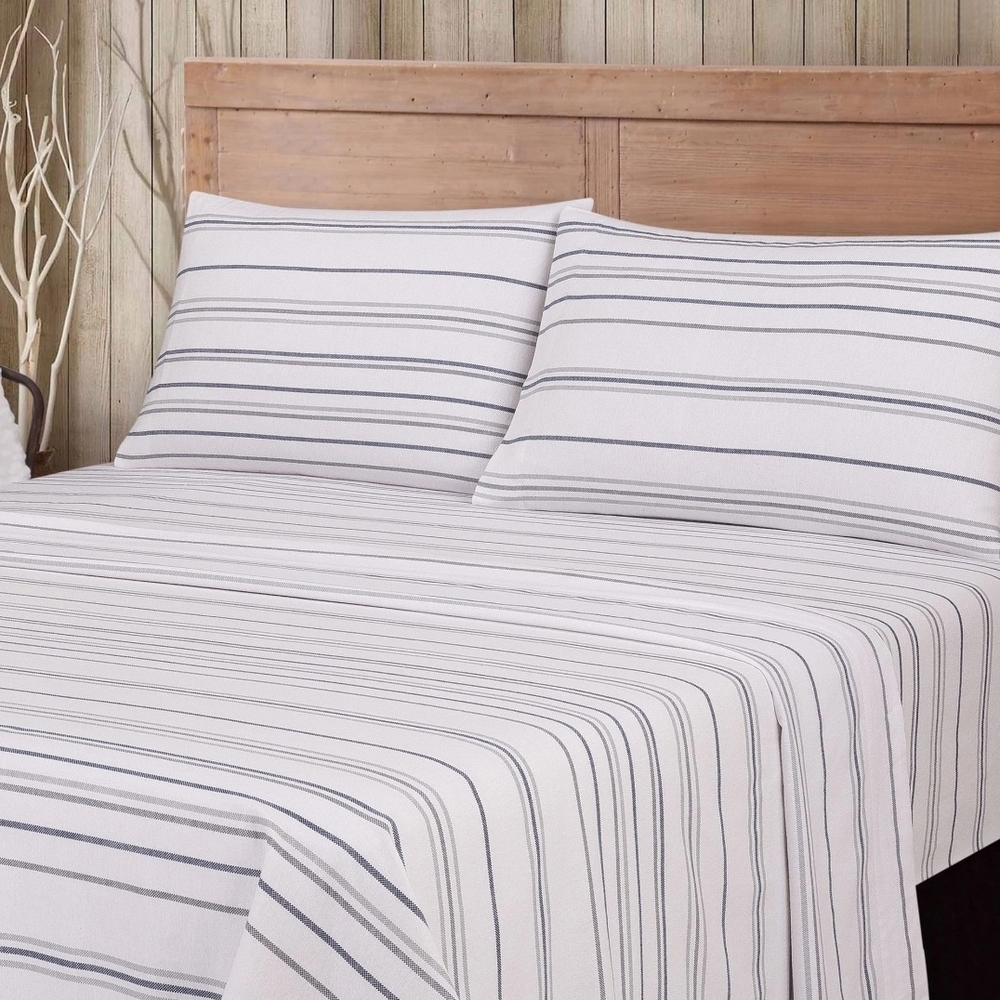 Mainstays White and Gray 100% Cotton Flannel Striped Bedding Sheets